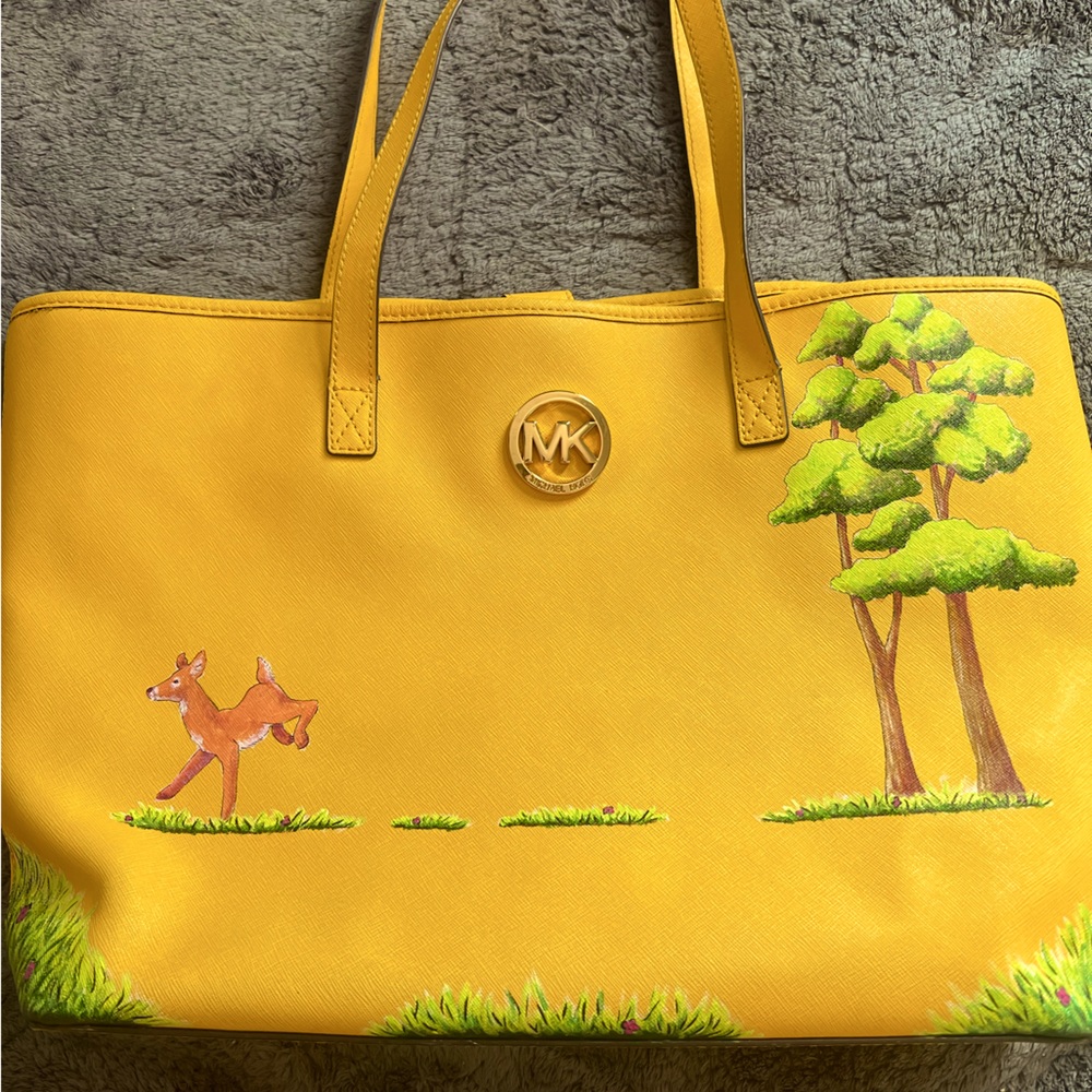 Hand painted yellow deer running purse bag tote